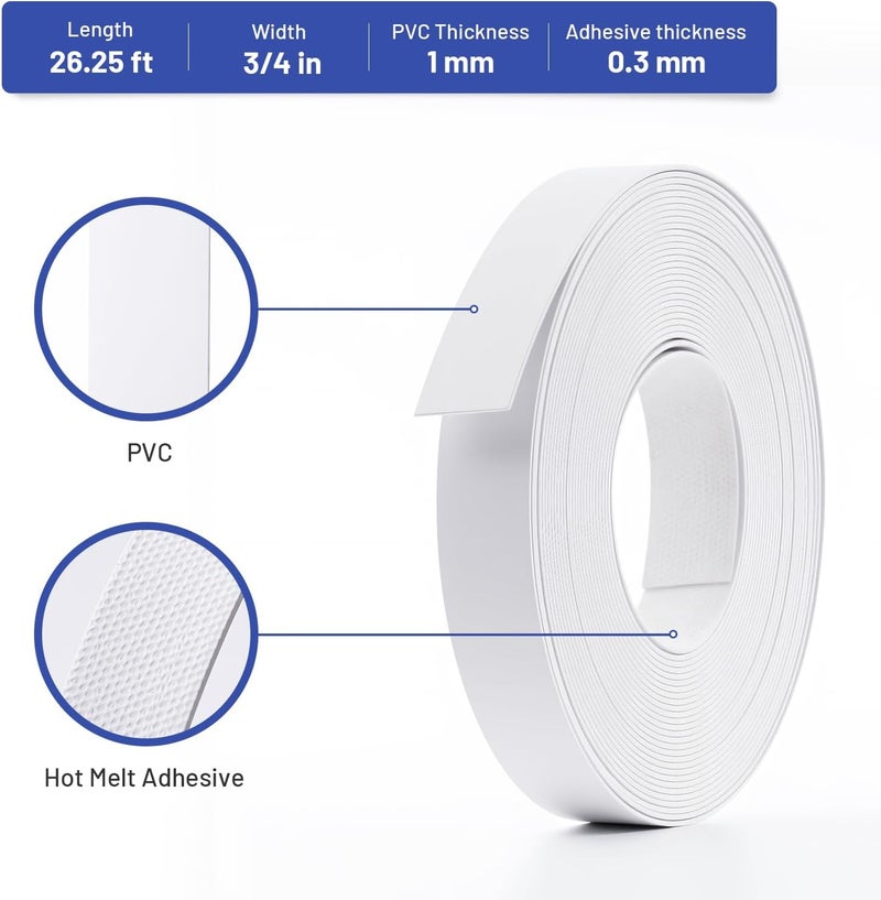 FAKILO PVC Edge Banding 3/4 inch x 25 ft Veneer Edge Banding White with Hot Melt Adhesive Pre - glued Iron on Edging Tape Trim for Cabinet Plywood Repairs and Furniture Restoration - Image 2